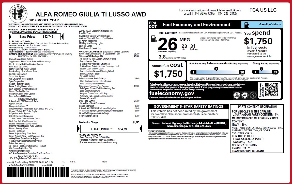 New 2019 Alfa Romeo Giulia Ti Lusso Q4 | St. Petersburg, FL