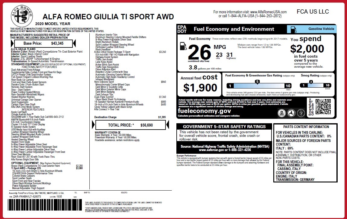 New 2020 Alfa Romeo Giulia Ti Sport Q4 | St. Petersburg, FL