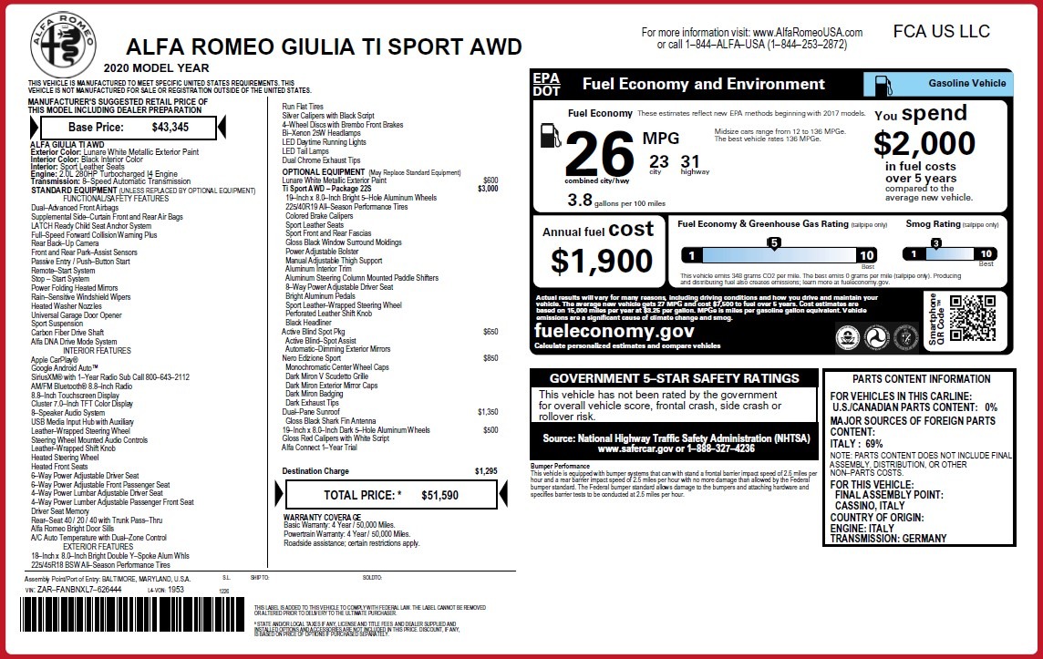 New 2020 Alfa Romeo Giulia Ti Sport Q4 | St. Petersburg, FL