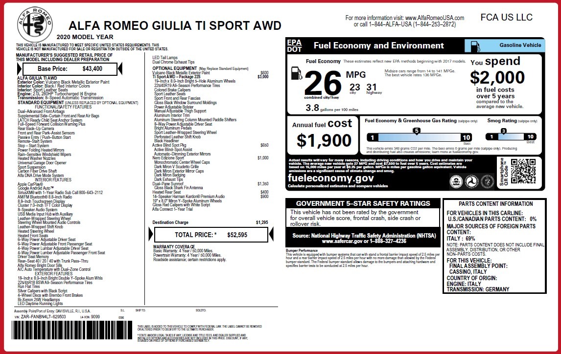 New 2020 Alfa Romeo Giulia Ti Sport Q4 | St. Petersburg, FL
