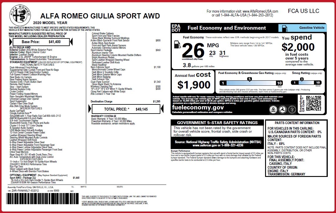 New 2020 Alfa Romeo Giulia Sport Q4 | St. Petersburg, FL