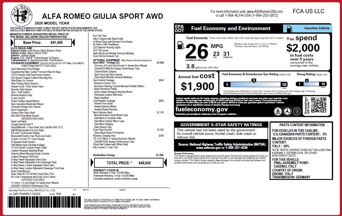New 2020 Alfa Romeo Giulia Sport Q4 | St. Petersburg, FL
