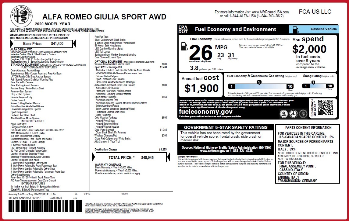 New 2020 Alfa Romeo Giulia Sport Q4 | St. Petersburg, FL