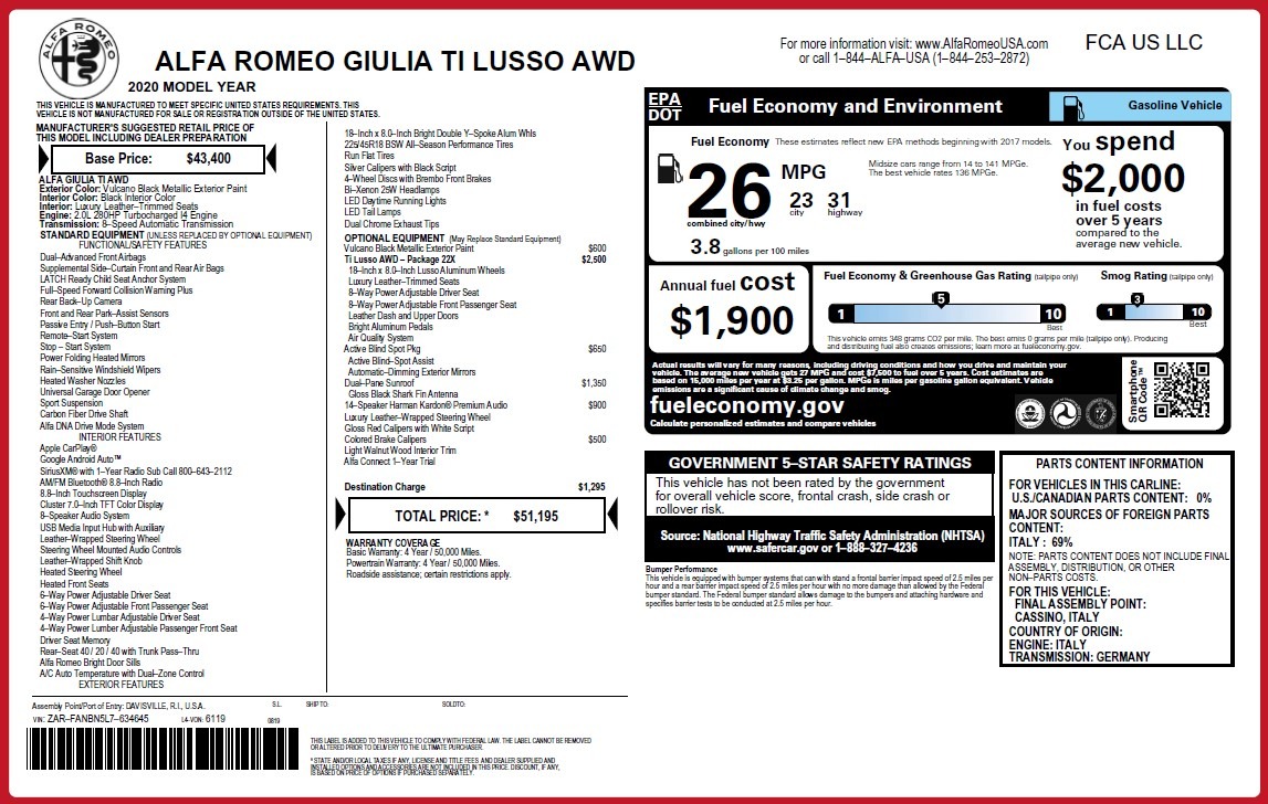 New 2020 Alfa Romeo Giulia Ti Lusso Q4 | St. Petersburg, FL
