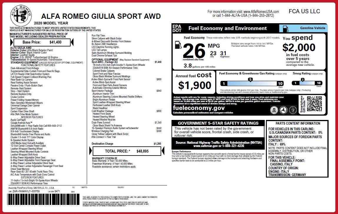 New 2020 Alfa Romeo Giulia Sport Q4 | St. Petersburg, FL