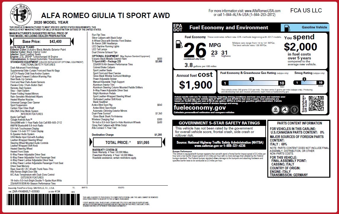 New 2020 Alfa Romeo Giulia Ti Sport Q4 | St. Petersburg, FL