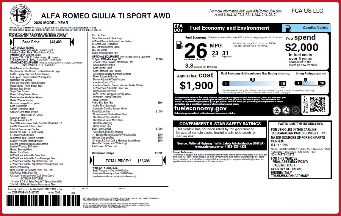 New 2020 Alfa Romeo Giulia Ti Sport Q4 | St. Petersburg, FL