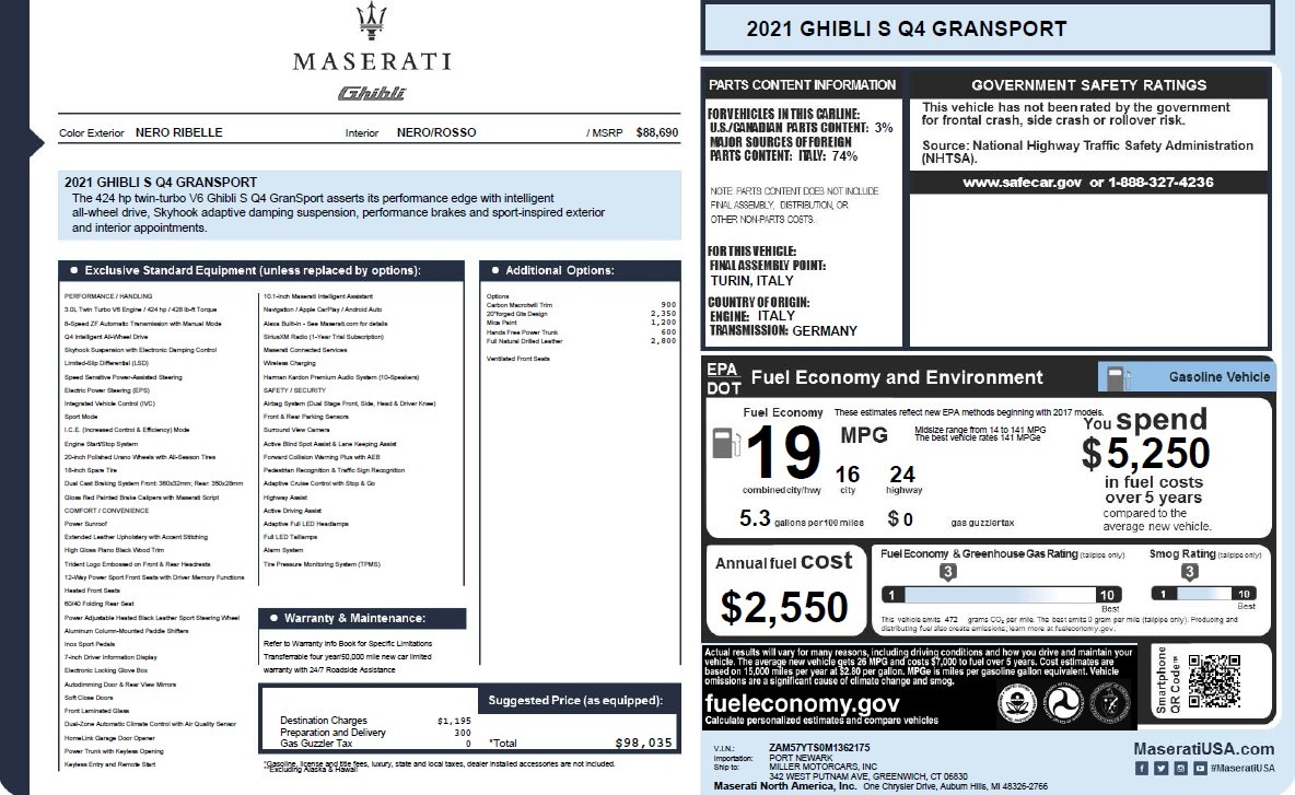 New 2021 Maserati Ghibli S Q4 GranSport | St. Petersburg, FL