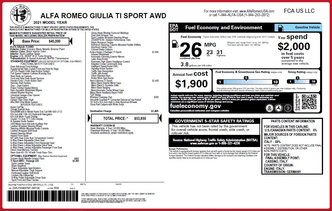 New 2021 Alfa Romeo Giulia Ti Sport Q4 | St. Petersburg, FL