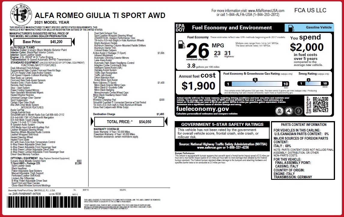 New 2021 Alfa Romeo Giulia Ti Sport Q4 | St. Petersburg, FL