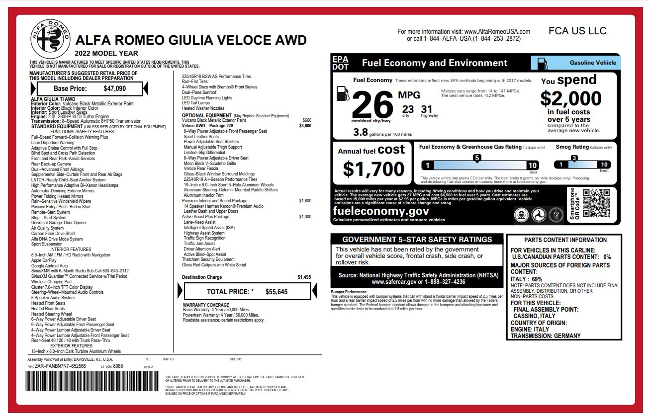 New 2022 Alfa Romeo Giulia Veloce | St. Petersburg, FL